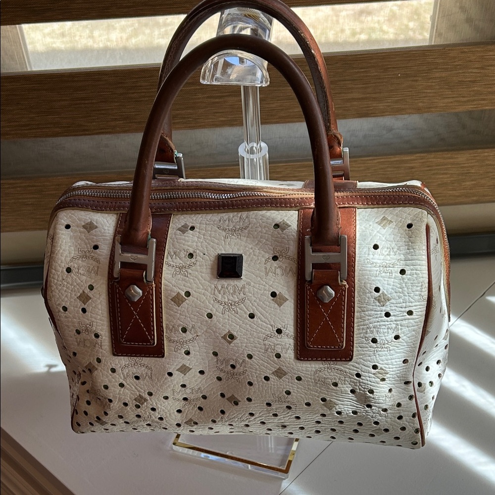 MCM White Perforated Leather Satchel with Brown Trim and Top Handles